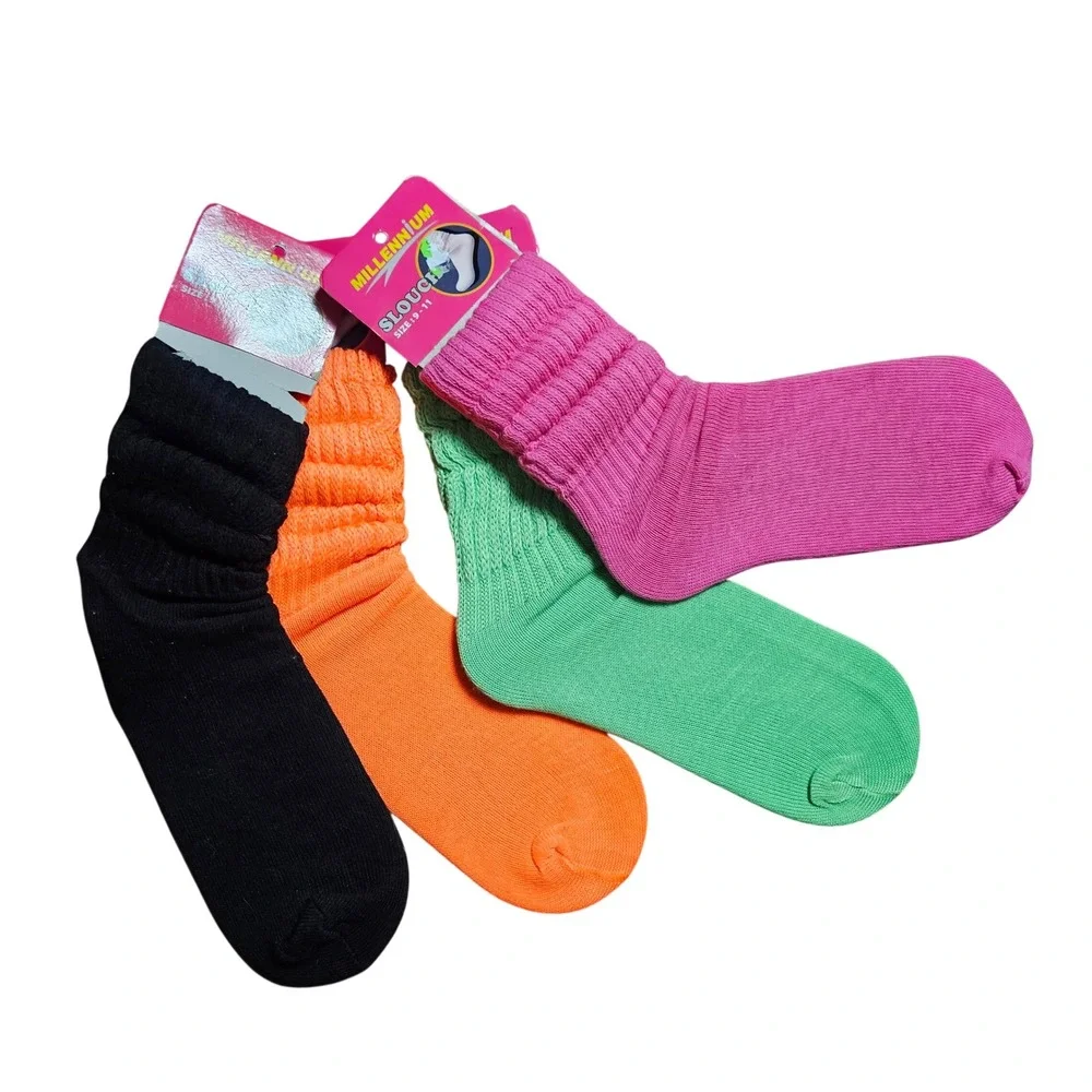 Lot of 4 Vintage 90s Millennium Women Slouch Socks Neon Pink Green Orange‎ NWT